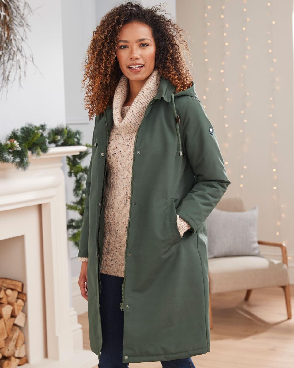 Longline All-Weather Fleece-Lined Waterproof Coat Women Spruce Cotton Traders Voucher Coats & Jackets - 1
