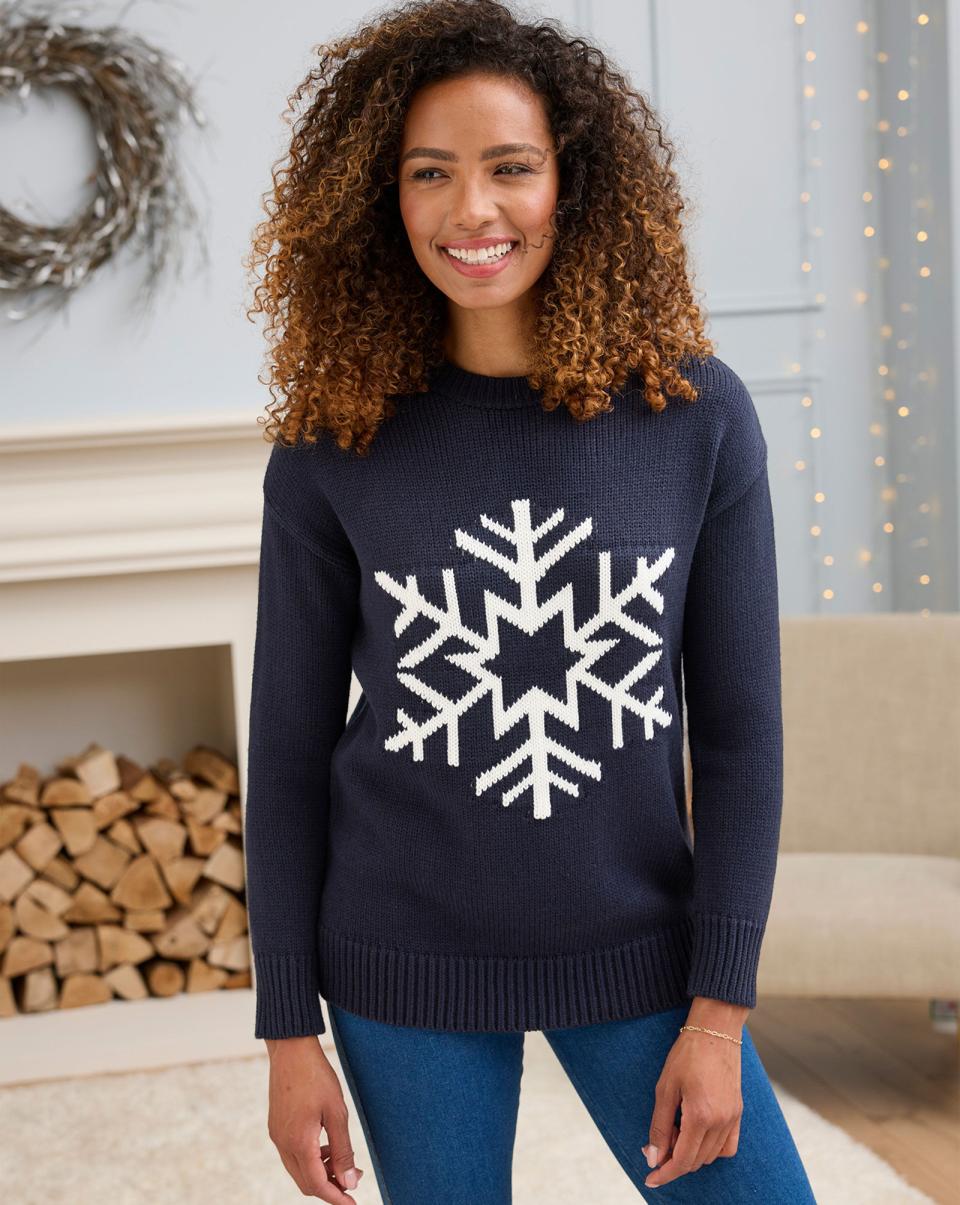 Navy Knitwear Cotton Traders Women Efficient Snowflake Jumper