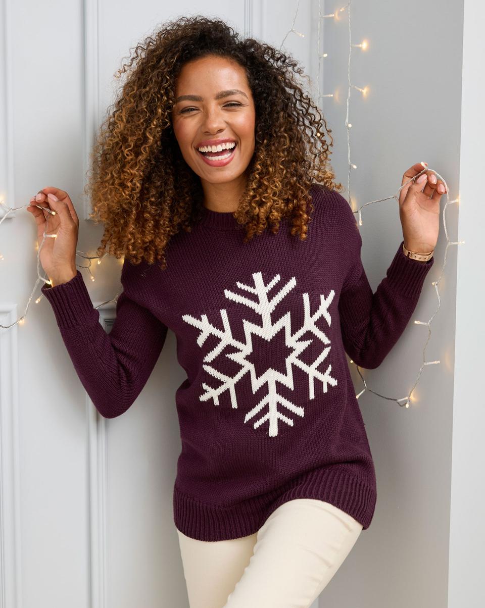 Burgundy Knitwear Cotton Traders Women Snowflake Jumper Refined - 1