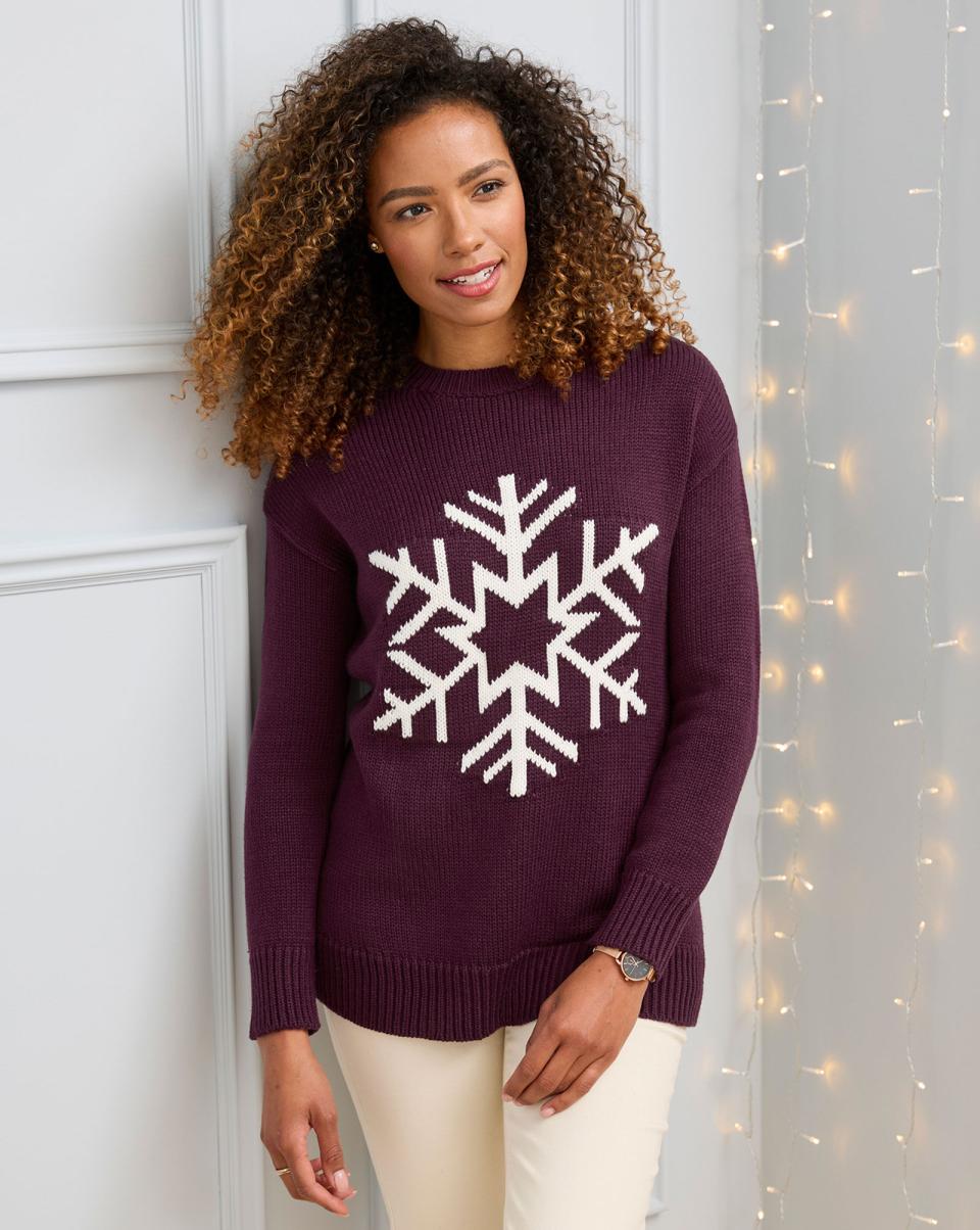 Burgundy Knitwear Cotton Traders Women Snowflake Jumper Refined - 3