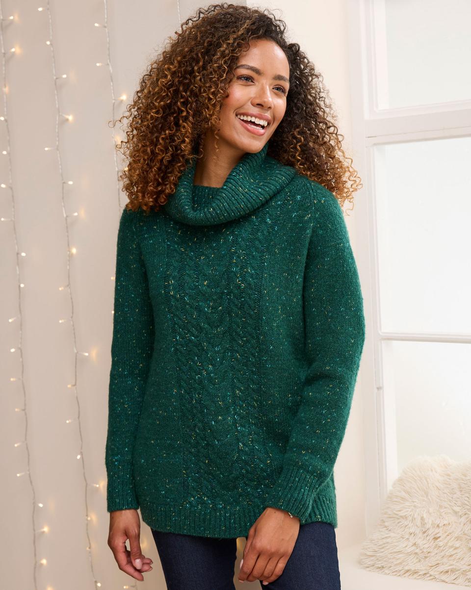 Women Emerald Cutting-Edge Knitwear Cotton Traders Cowl Neck Knitted Tunic