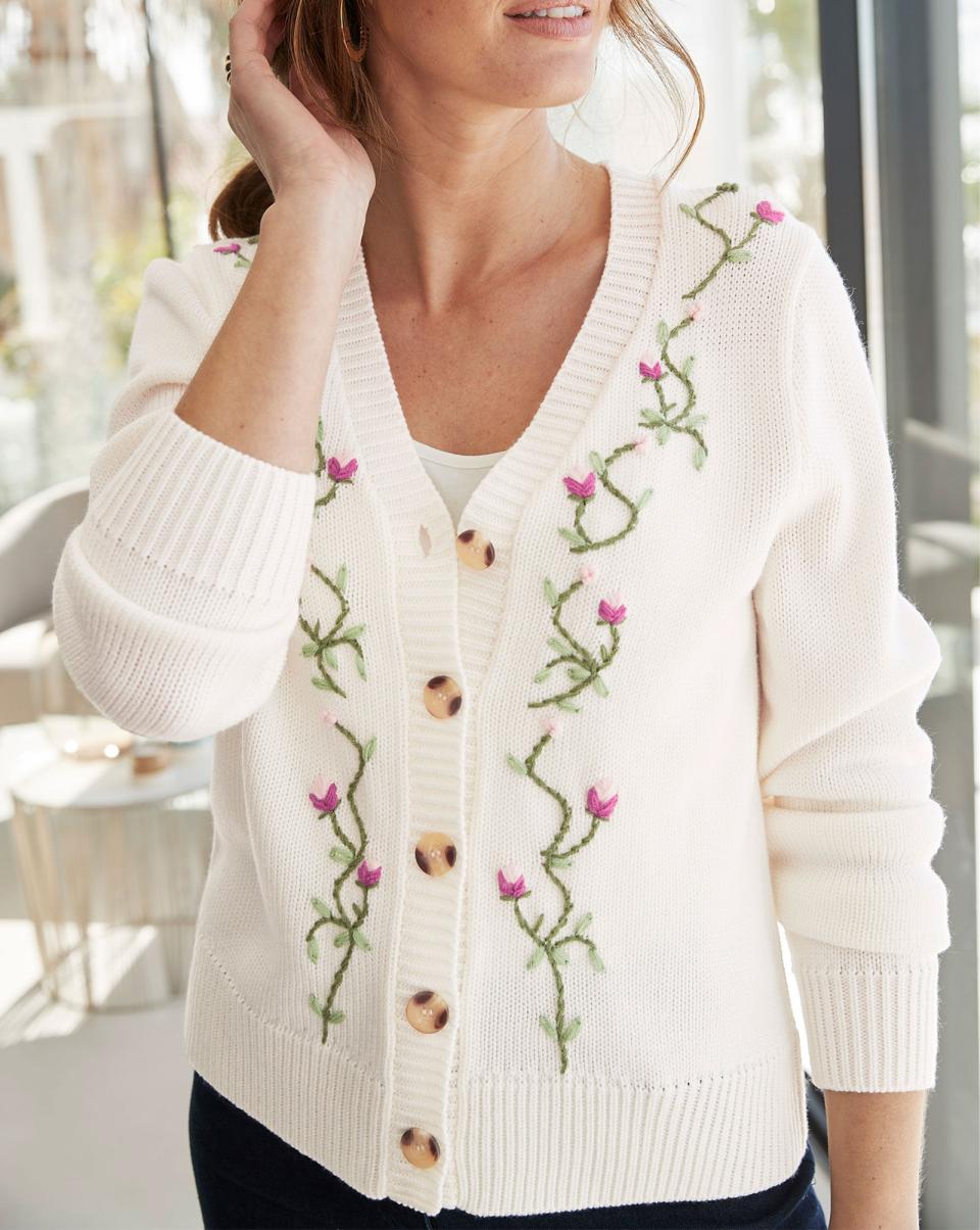Knitwear Cream Women Cotton Traders Plush Embroidered Button Cardigan - 4