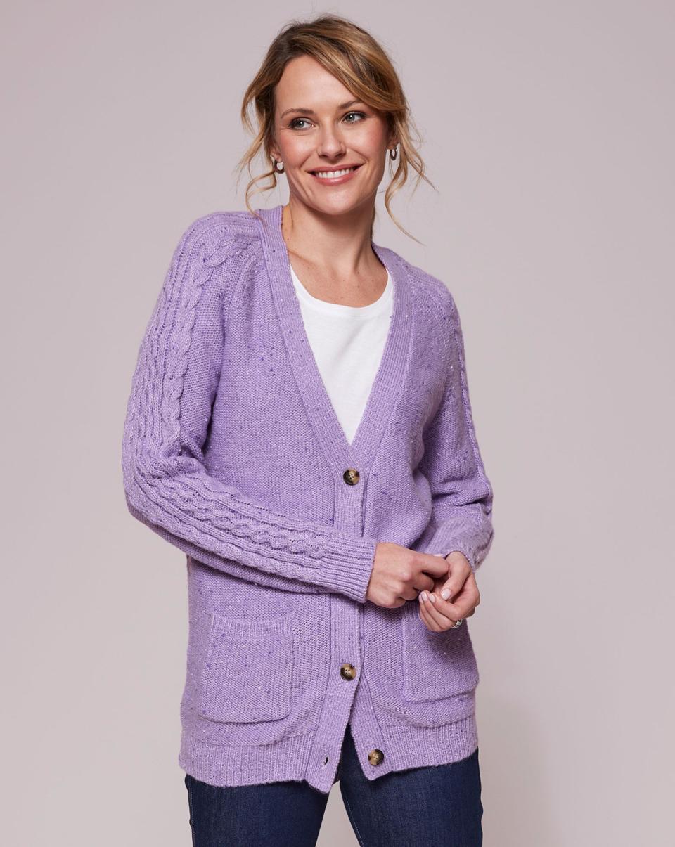 Sleek Soft Violet Women Cotton Traders Fleck Longline Cardigan Knitwear
