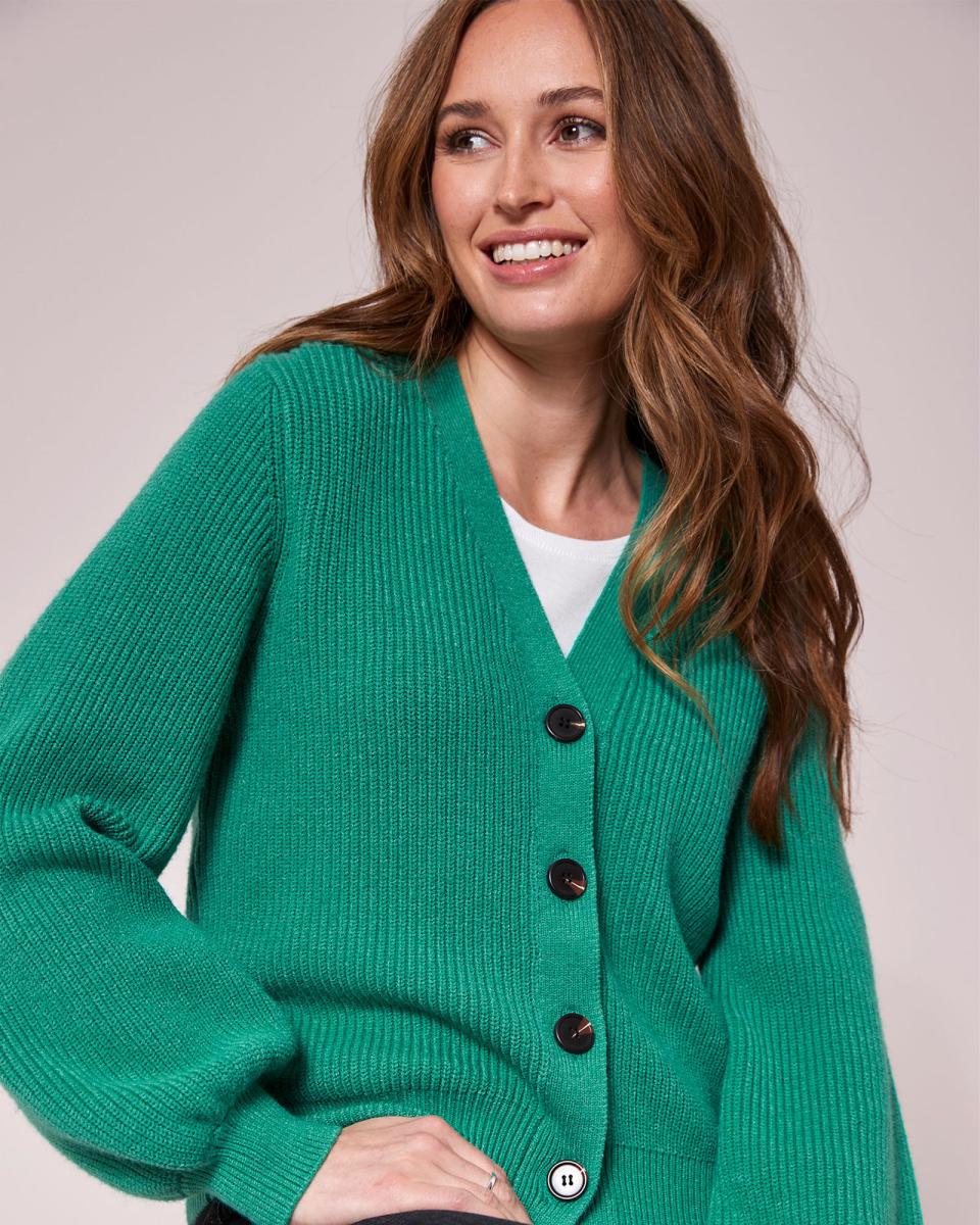 Rib Knit V-Neck Cardigan Women Green Refresh Cotton Traders Knitwear - 2