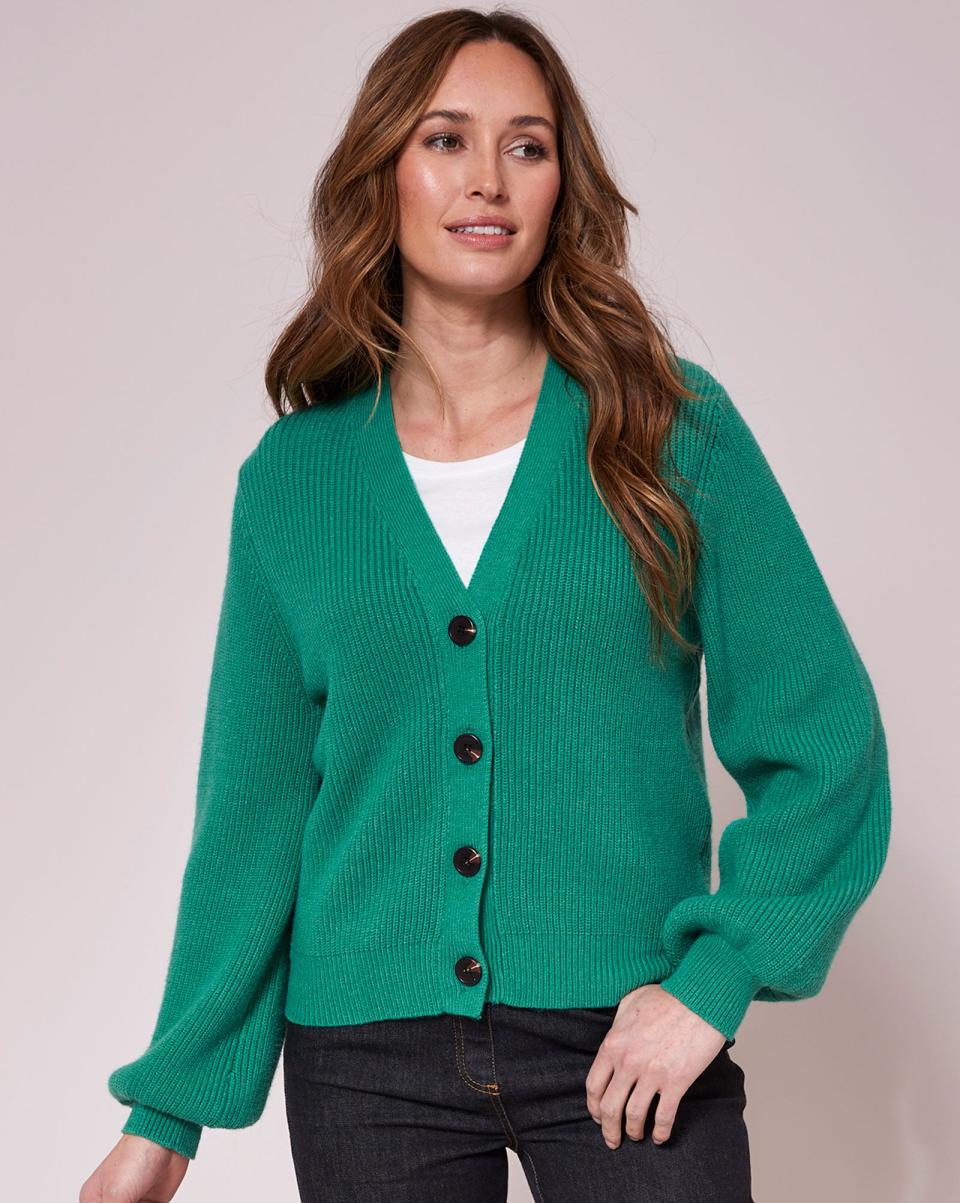 Rib Knit V-Neck Cardigan Women Green Refresh Cotton Traders Knitwear
