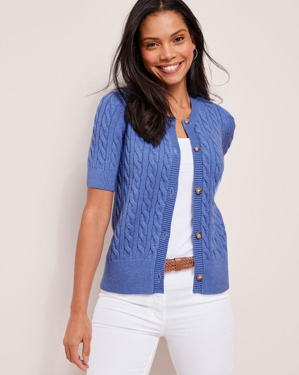 Short Sleeve Cutest Cable Cardigan Knitwear Cotton Traders Budget-Friendly Soft Lemon Women - 3