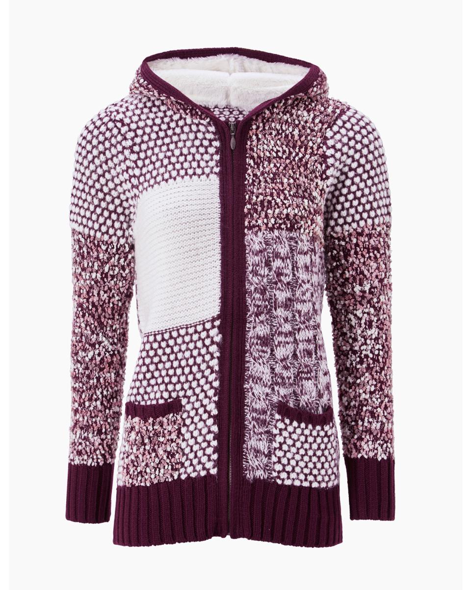 Knitwear Cotton Traders Inexpensive Women Burgundy Tactile Hooded Knitted Zip Cardigan - 1