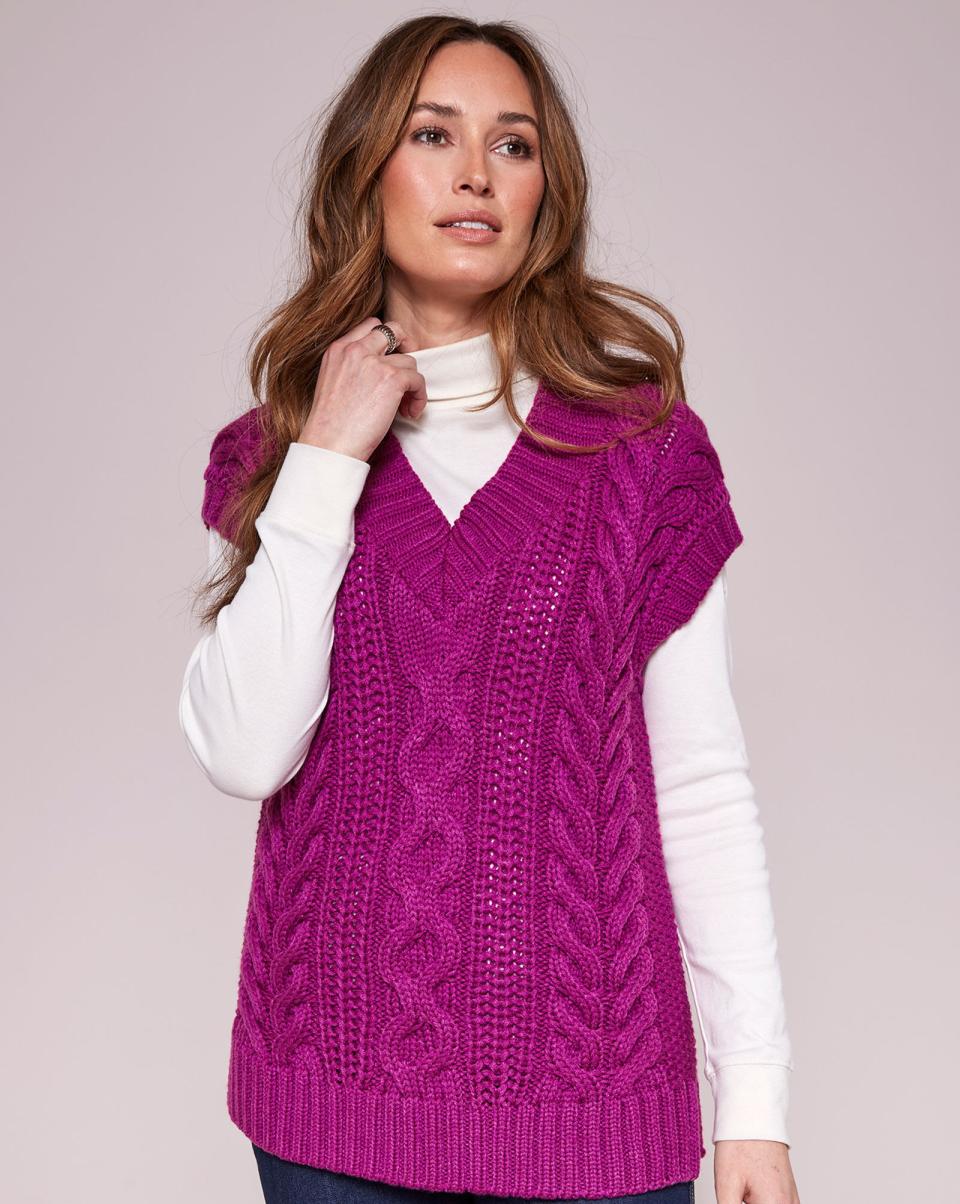 Women Special Price Cable V-Neck Sweater Vest Dark Magenta Cotton Traders Knitwear