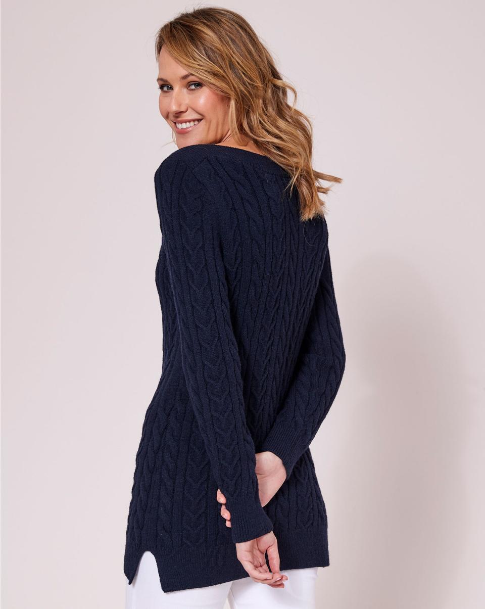 Knitwear Navy Cutest Cable Boat Neck Tunic Fashionable Women Cotton Traders - 2