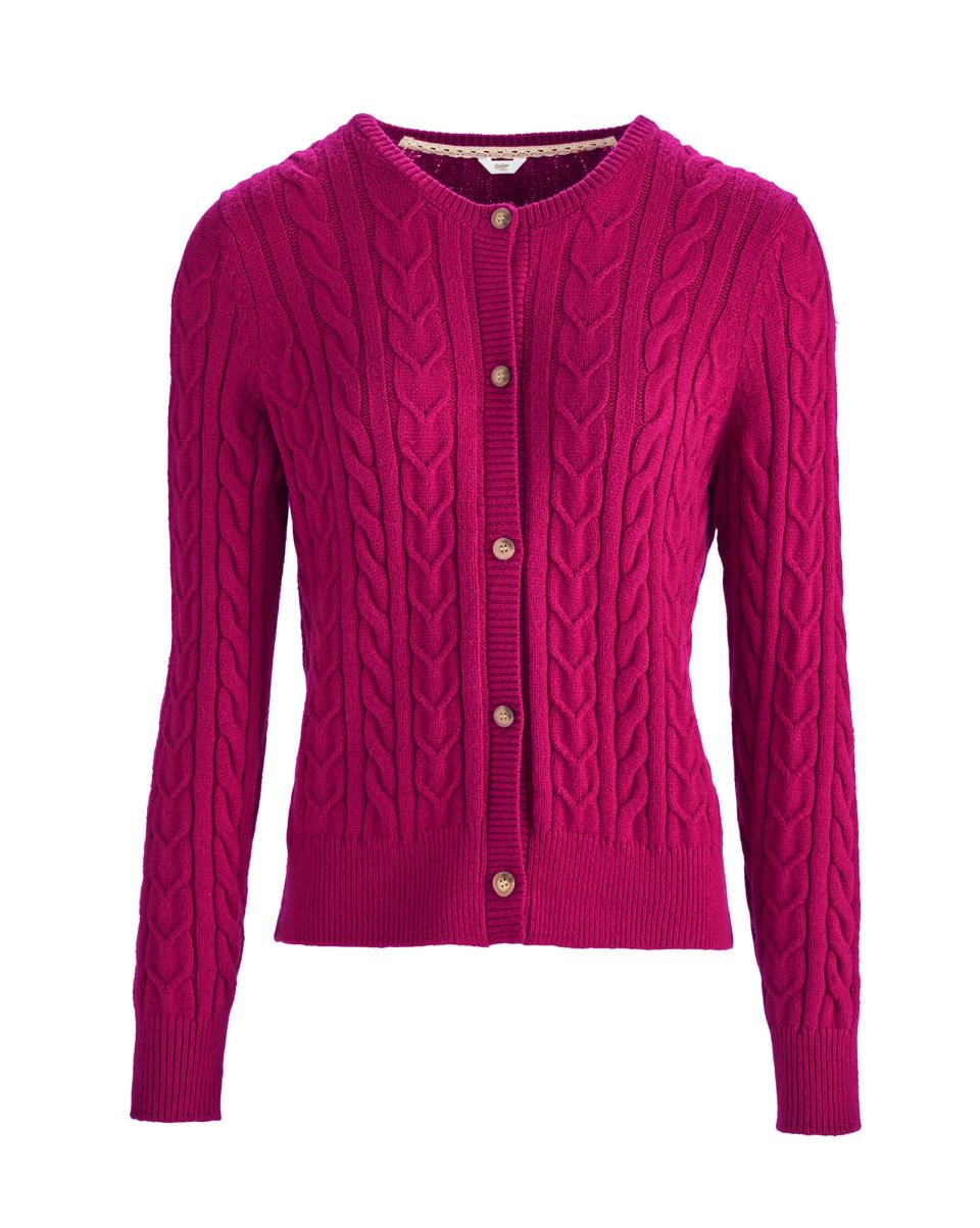 Cutest Cable Crew Neck Cardigan Knitwear Women Cerise State-Of-The-Art Cotton Traders - 4