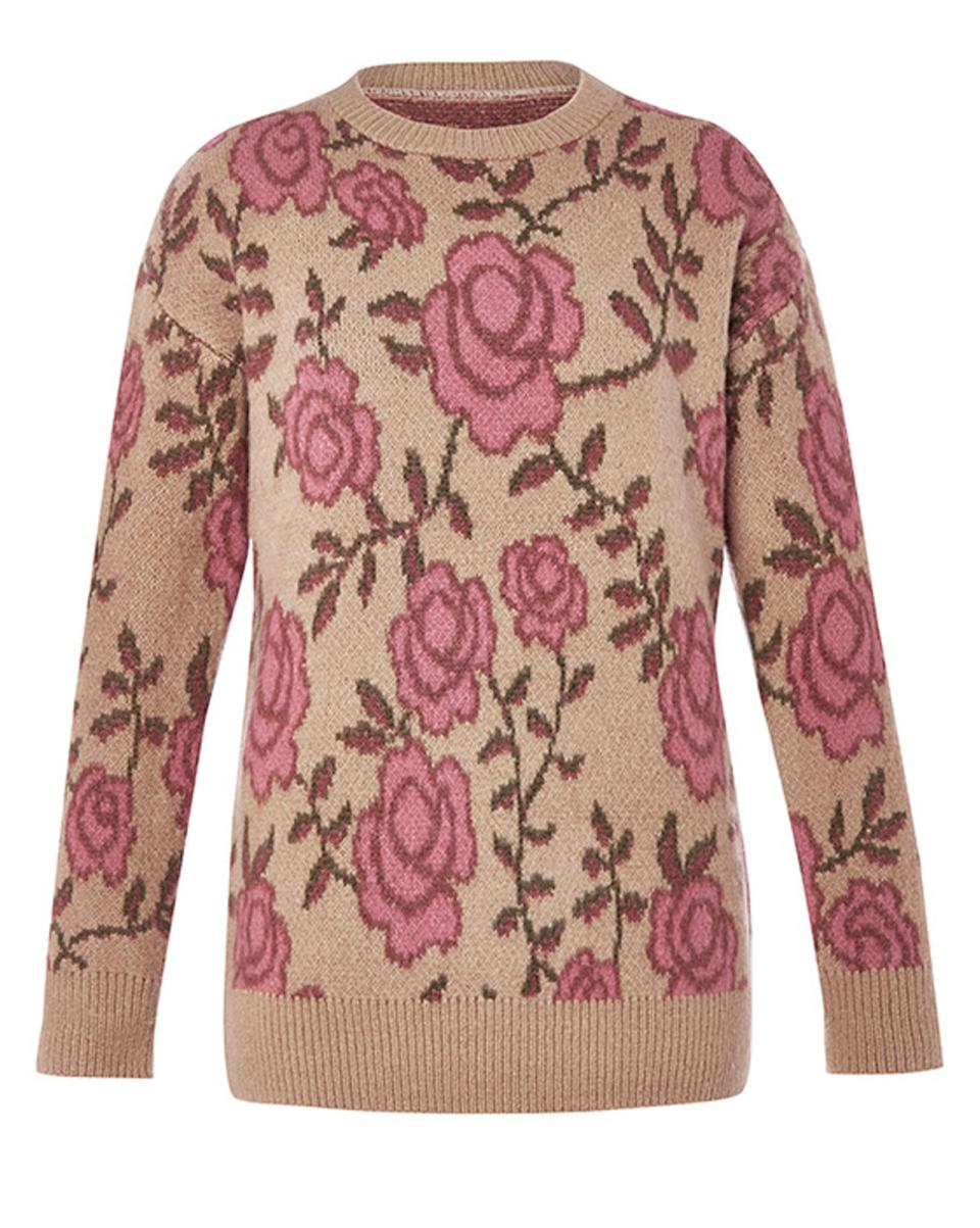 Classic Warm Beige Cotton Traders Coming-Up-Roses Jacquard Floral Jumper Knitwear Women - 3