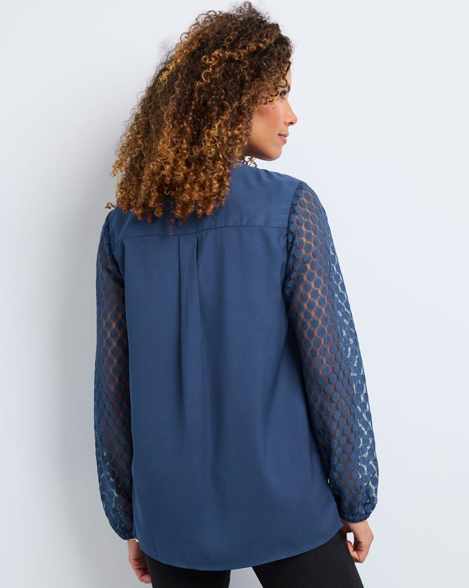Women Pintuck Lace Sleeve Blouse Blue Dusk Low Cost Cotton Traders Shirts & Blouses - 1