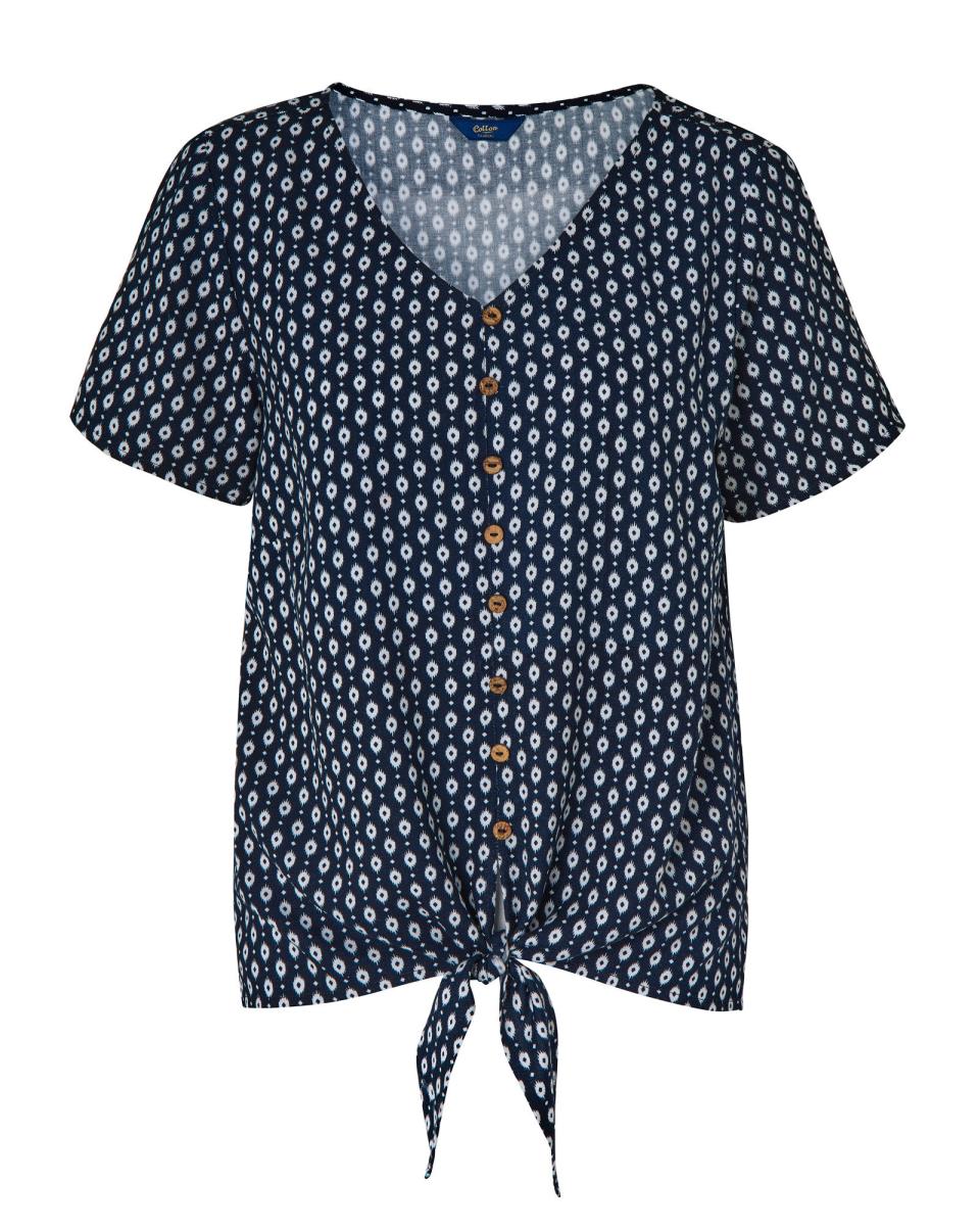 Women Navy Print Tie-Front Blouse Shirts & Blouses Cotton Traders Sleek - 3