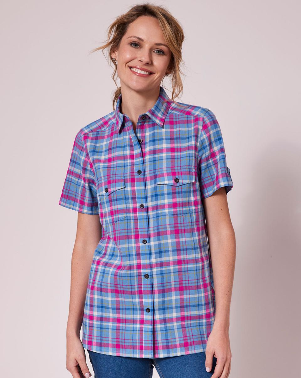 Short Sleeve Madras Shirt Special Deal Cotton Traders Lavender Shirts & Blouses Women - 4