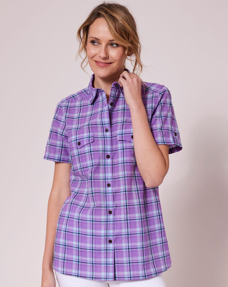 Short Sleeve Madras Shirt Special Deal Cotton Traders Lavender Shirts & Blouses Women