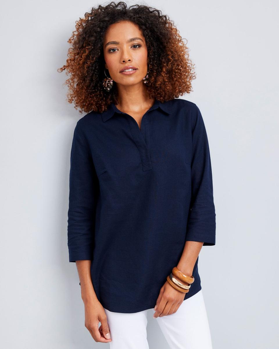 Shirts & Blouses Palma ¾ Sleeve Linen-Blend Overshirt Versatile Cotton Traders Navy Women