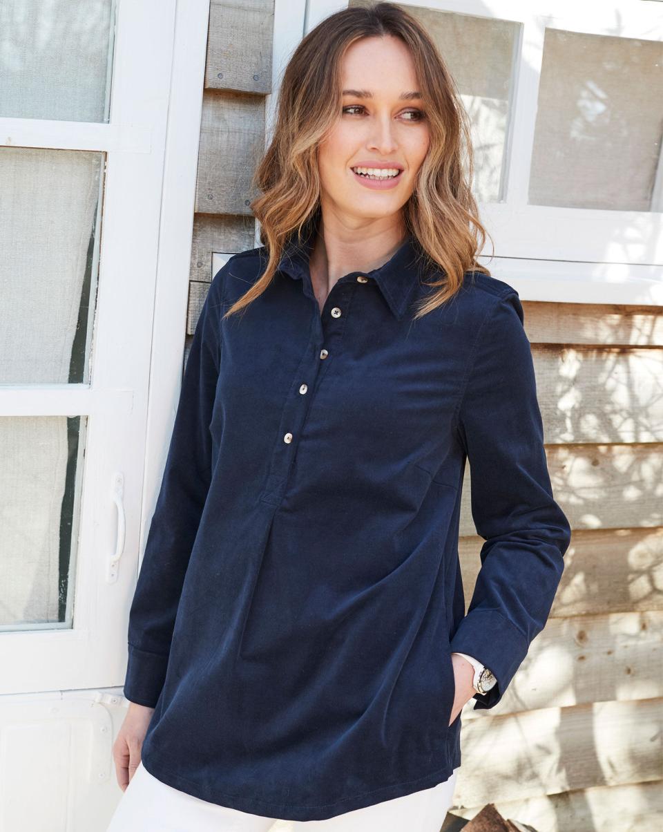 Navy Cotton Traders Women Shirts & Blouses Amber Long Sleeve Stretch Cord Tunic Tailor-Made