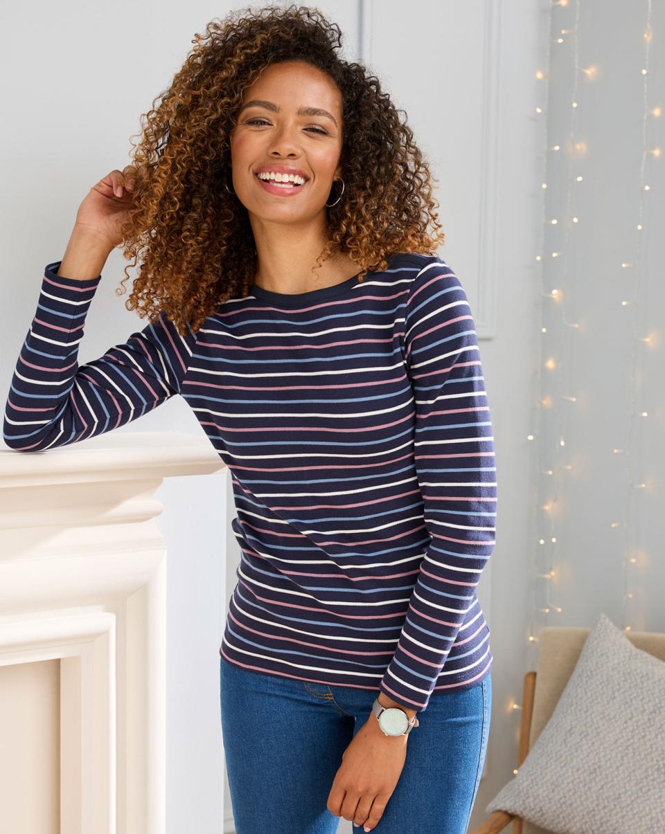Cosy-Up Long Sleeve Stripe Boat Neck Top Stripe Tops & T-Shirts Cotton Traders Women Durable - 2