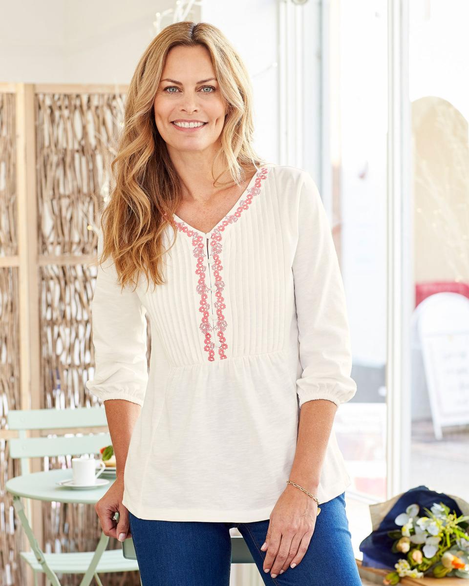 Tops & T-Shirts Functional Women Boho Embroidered ¾ Sleeve Jersey Tunic Cotton Traders Ivory - 2