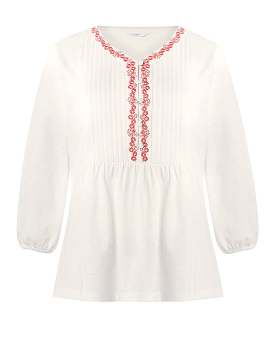 Tops & T-Shirts Functional Women Boho Embroidered ¾ Sleeve Jersey Tunic Cotton Traders Ivory - 3