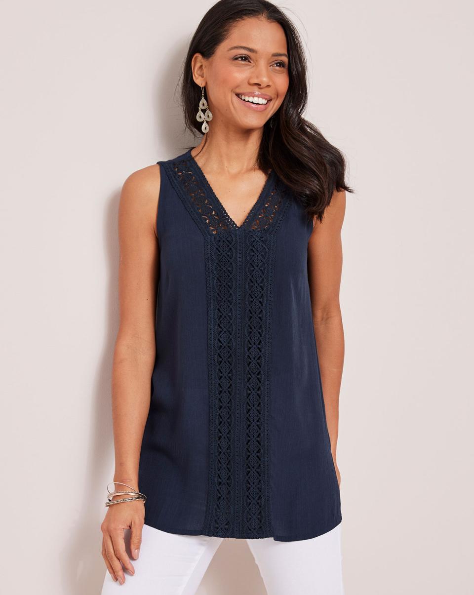 Tops & T-Shirts Bright Blue Women Affordable Lace Trim Crinkle Vest Cotton Traders - 3