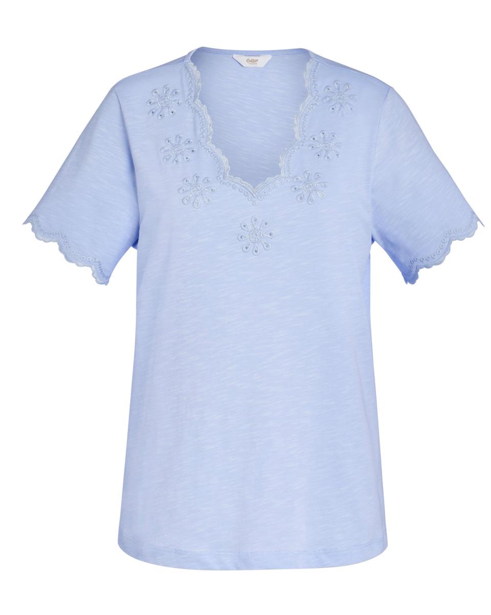 Simply-Does-It Embroidered Jersey Top Tops & T-Shirts Powder Blue Women Original Cotton Traders - 1