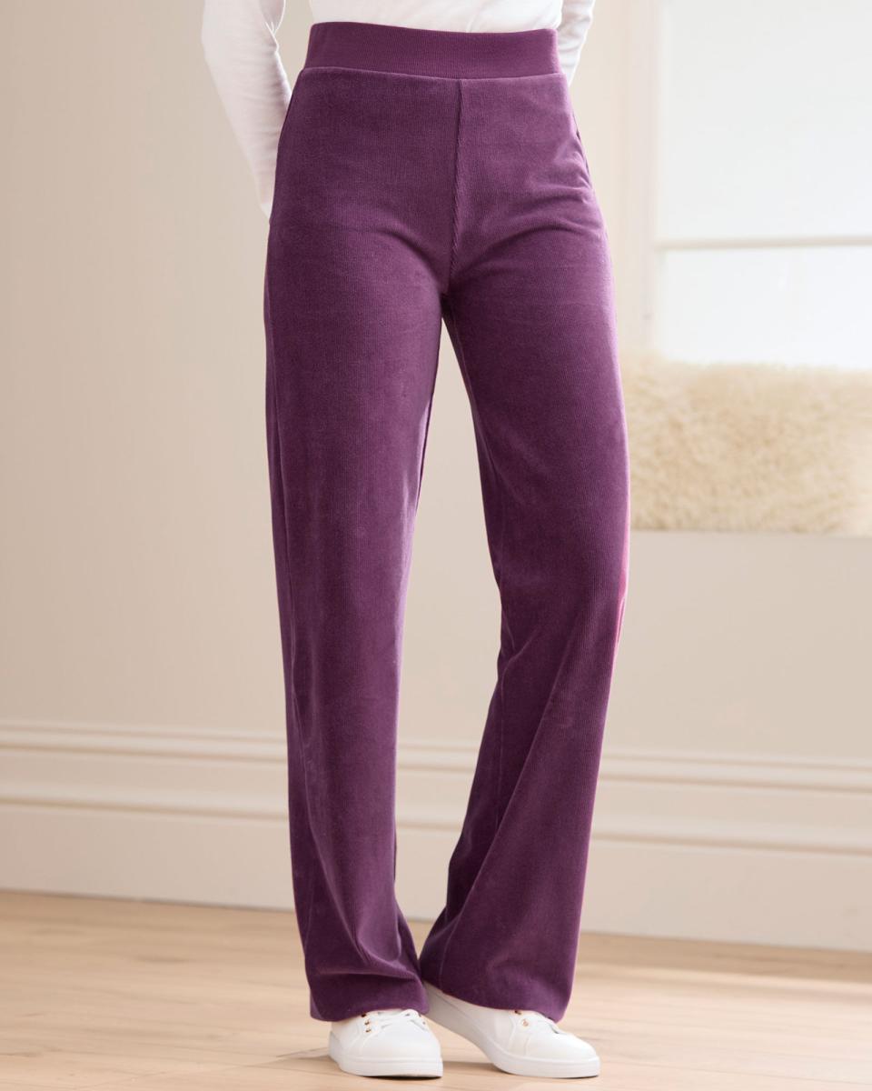 Wide-Leg Jersey Cord Stretch Pull-On Trousers Cotton Traders Women Original Plum Trousers - 1