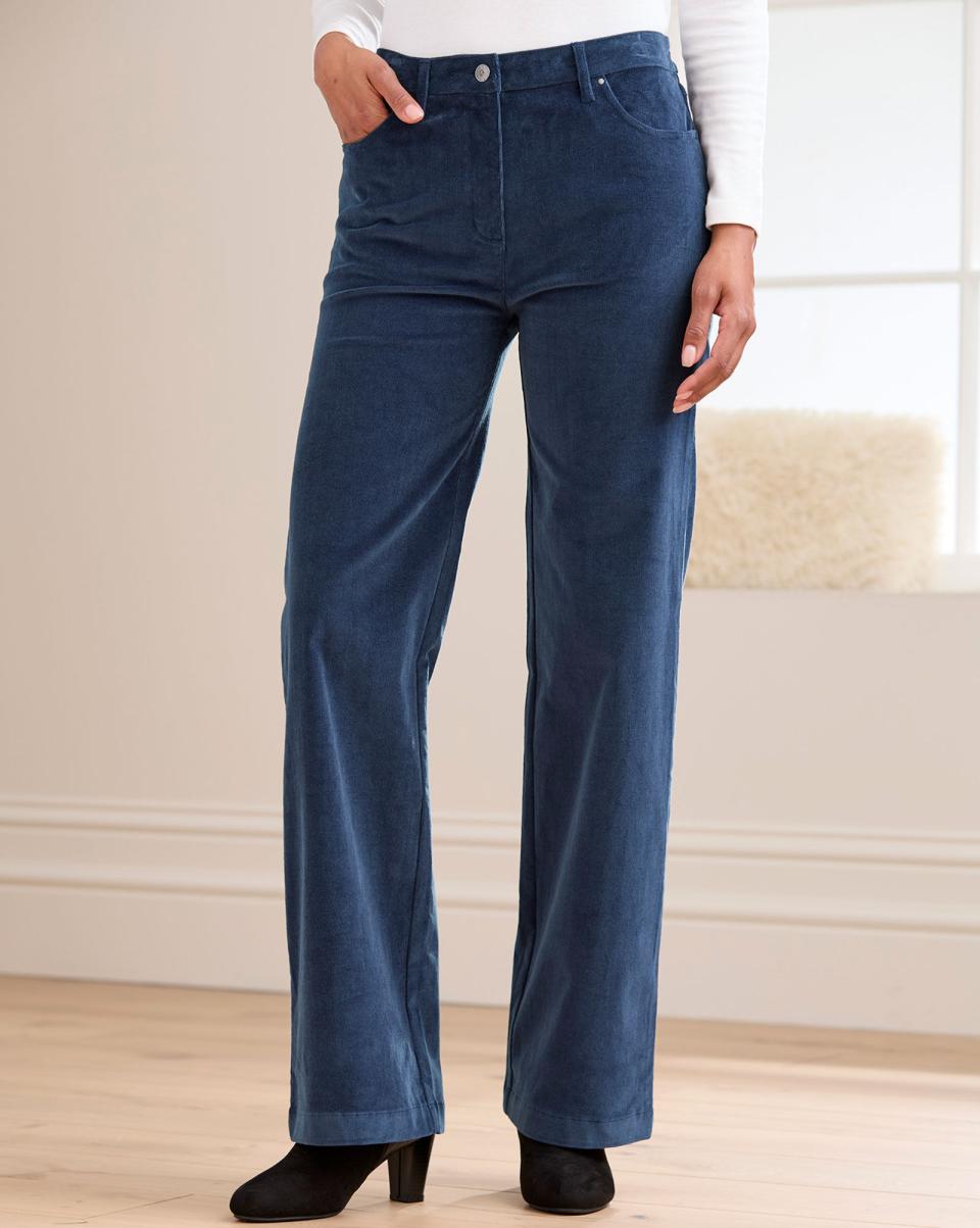 Women Trousers Wide-Leg Stretch Cord Trousers Quality Blue Dusk Cotton Traders - 1