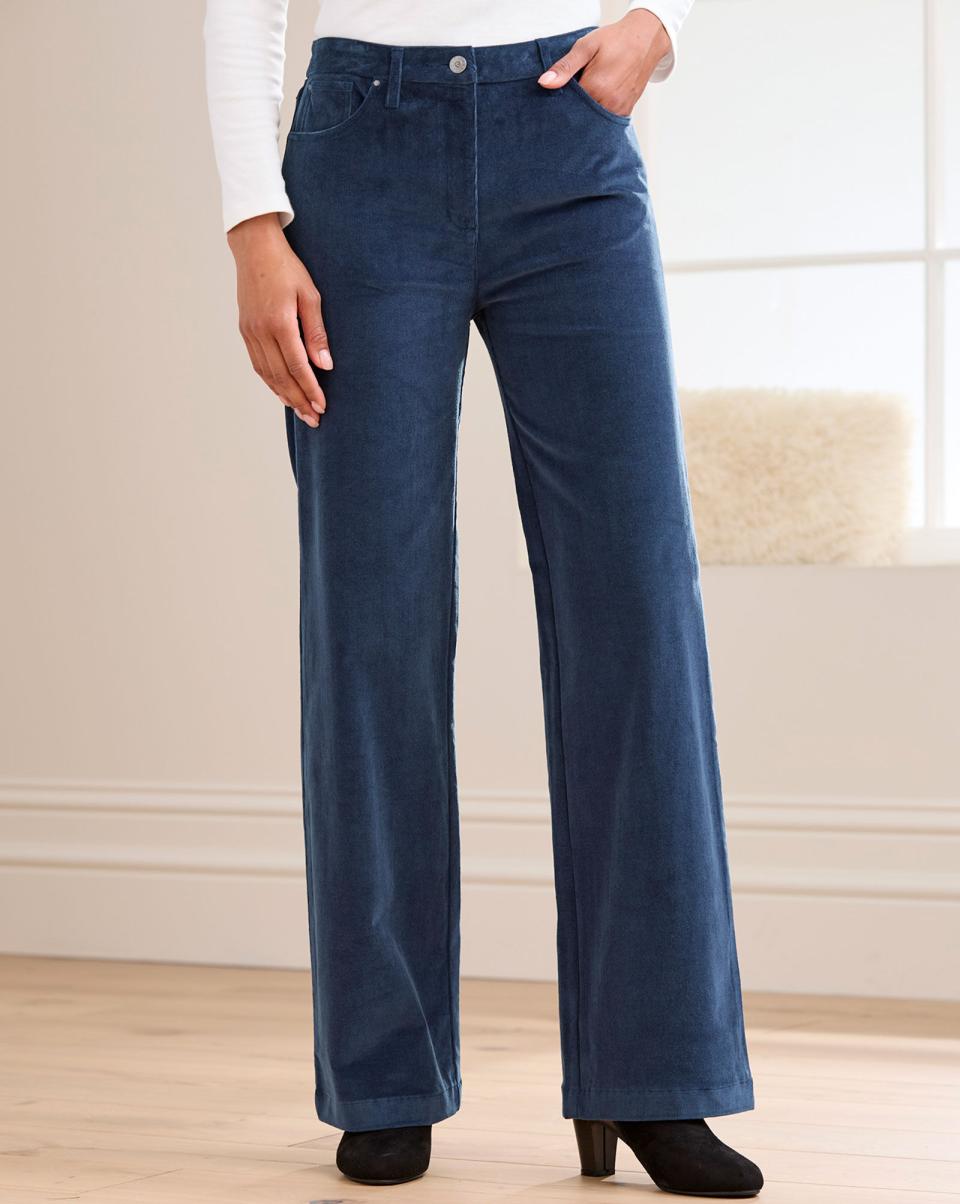 Women Trousers Wide-Leg Stretch Cord Trousers Quality Blue Dusk Cotton Traders