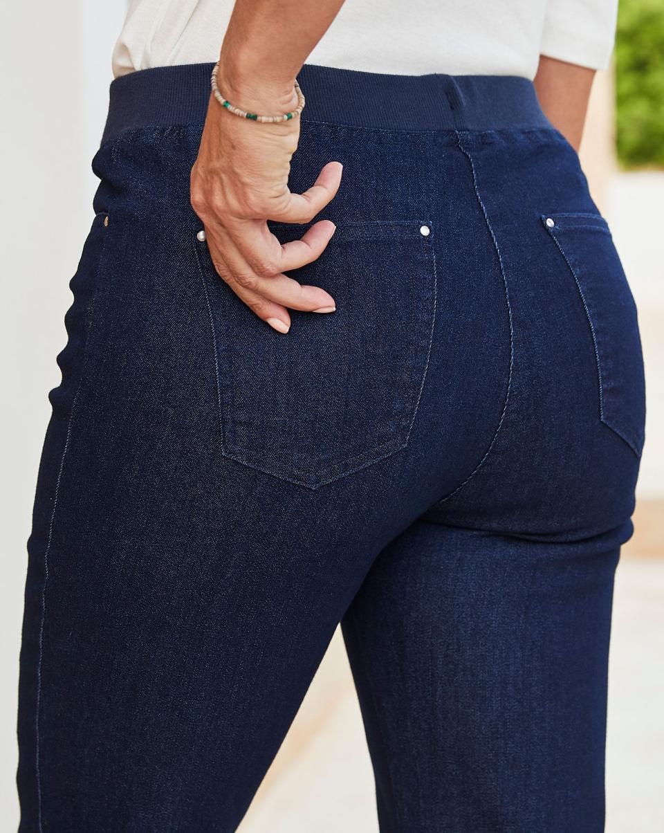 Premium Pull-On Denim Straight-Leg Jeans Cotton Traders Optimize Dark Denim Trousers Women - 2