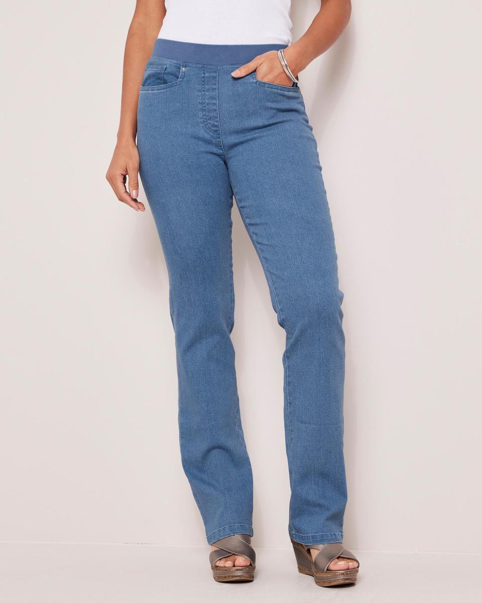 Premium Pull-On Denim Straight-Leg Jeans Cotton Traders Optimize Dark Denim Trousers Women - 4