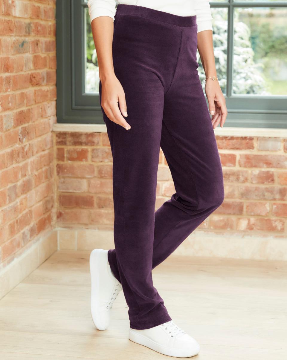 Trousers Women Slim-Leg Pull-On Stretch Jersey Cord Trousers Cotton Traders Dark Plum Voucher