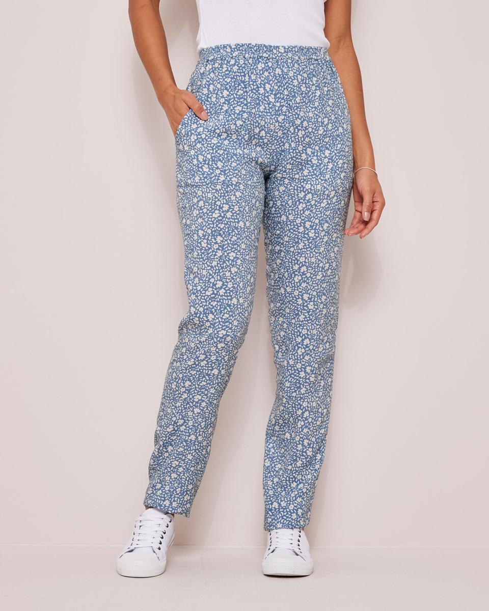 Women Cotton Traders Sale Pull-On Tapered-Leg Trousers Washed Blue Trousers