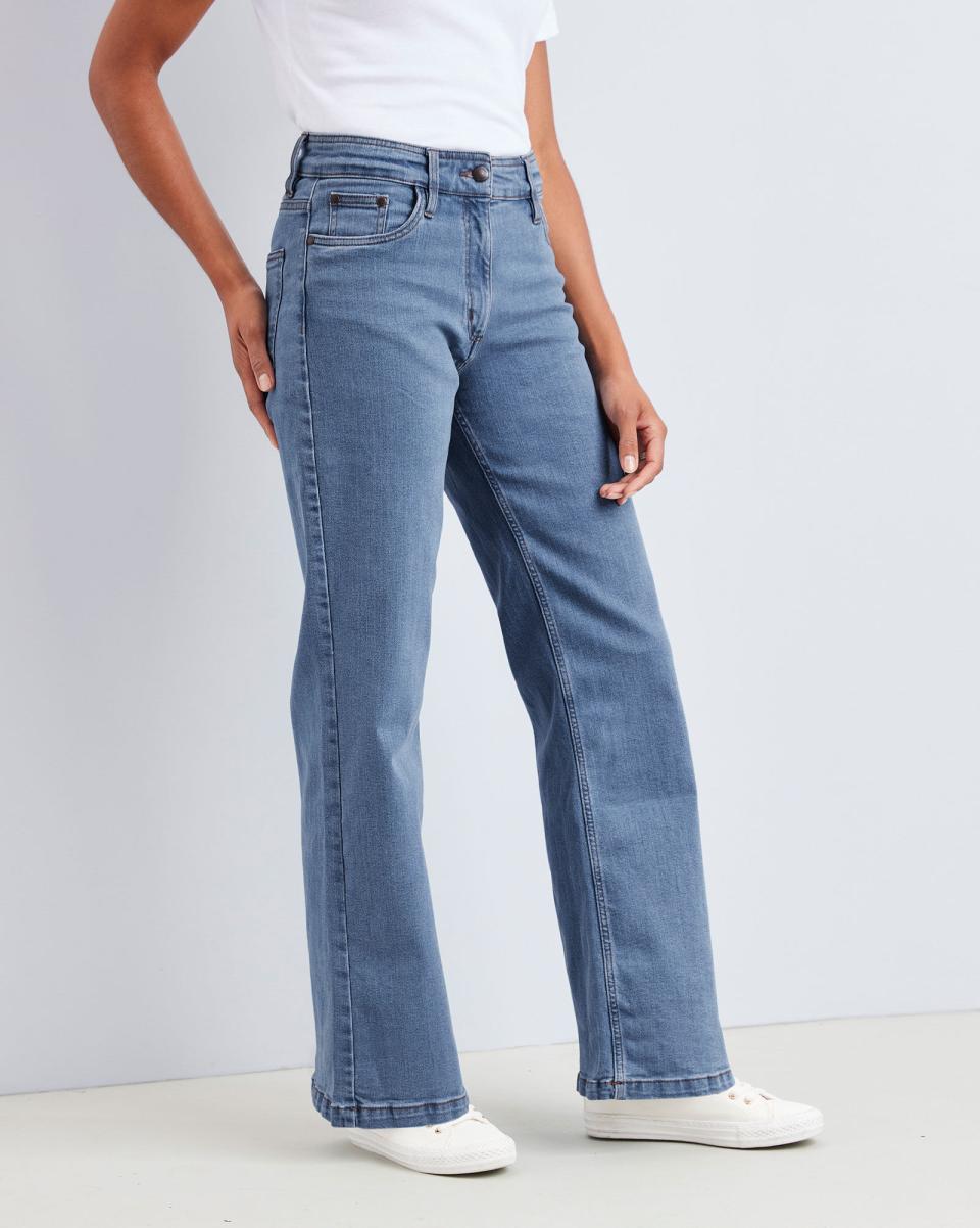 Washed Blue Cotton Traders Penny Wide-Leg Stretch Jeans High-Quality Trousers Women