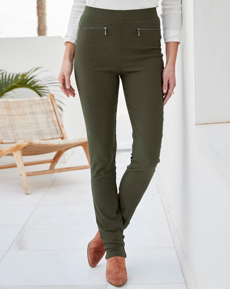 Women Trousers Cotton Traders Refresh Alpine Green Super Stretchy Slim-Leg Pull-On Trousers - 1