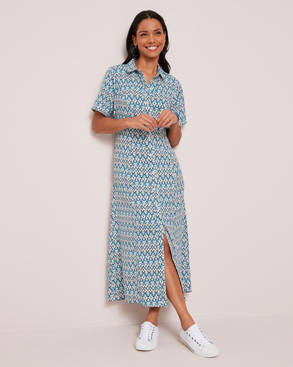 Dresses Cotton Traders Blue Maxi Printed Shirt Dress Women Premium