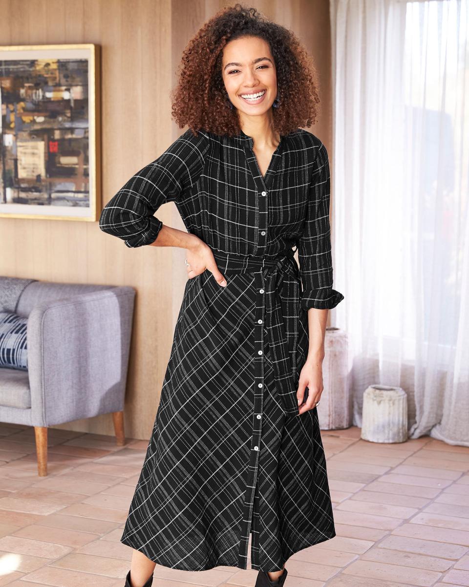Women Black Stevie Check Maxi Shirt Dress Enrich Cotton Traders Dresses