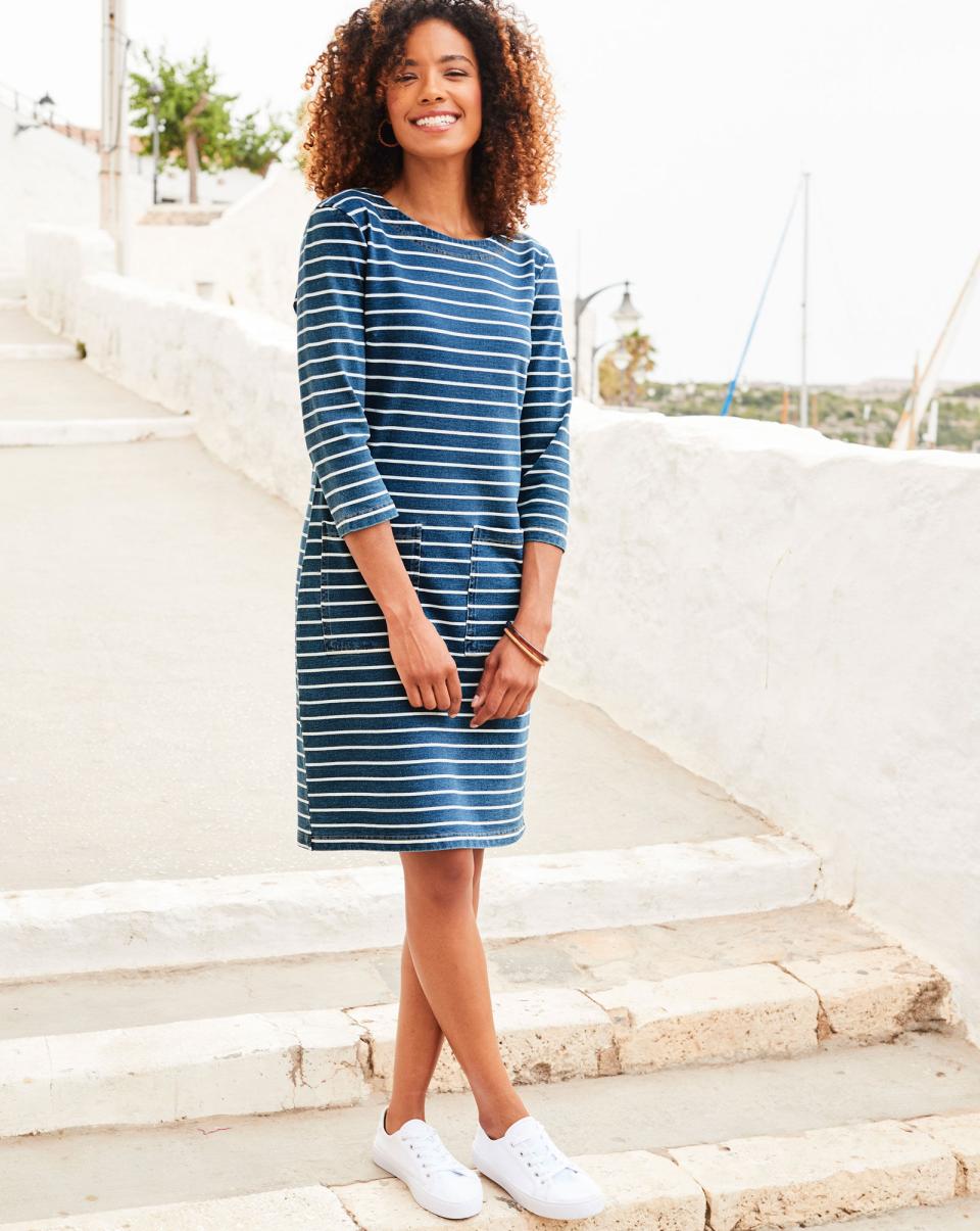 Women Cotton Traders Washed Blue Redefine Jive Stripe Jersey Denim Knee-Length Dress Dresses - 2