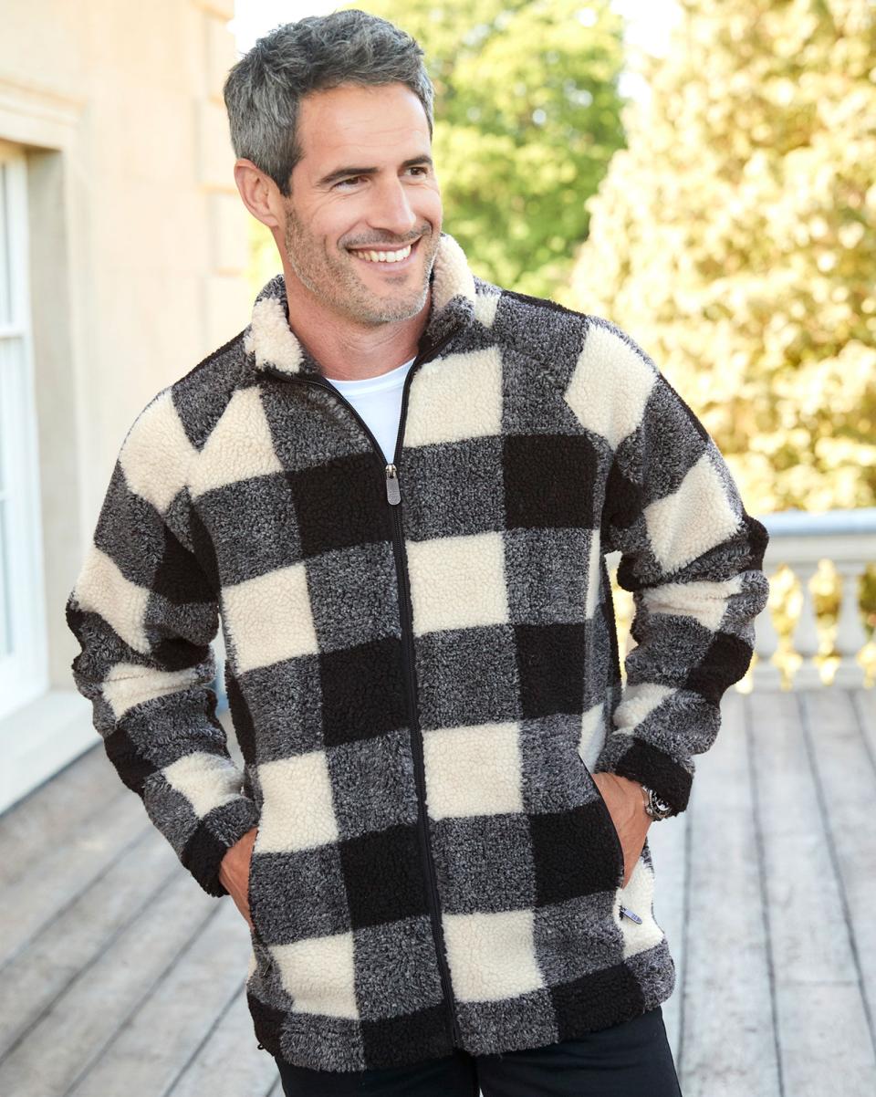 Check Sherpa Fleece Jacket Cotton Traders Mid Khaki Men Coats & Jackets Refined