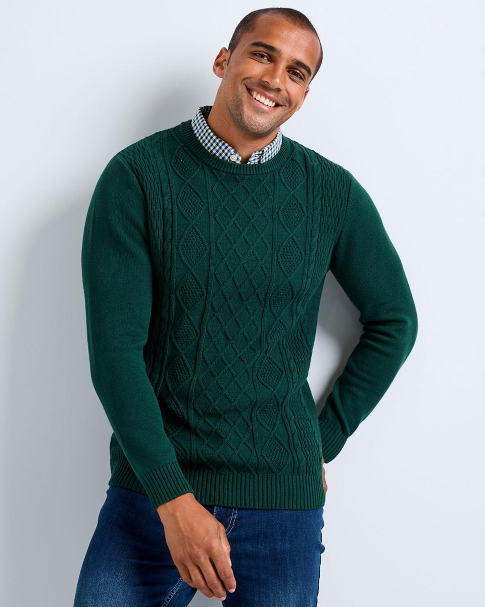 Dark Emerald Men Crew Neck Cable Mock Shirt Jumper Cotton Traders Knitwear Trendy