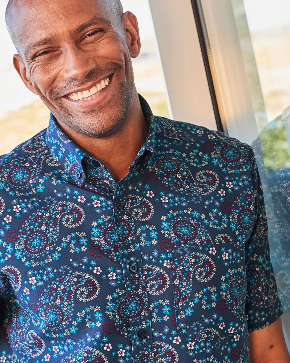 Short Sleeve Soft Touch Print Shirt Shirts Made-To-Order Dusty Blue Men Cotton Traders - 4