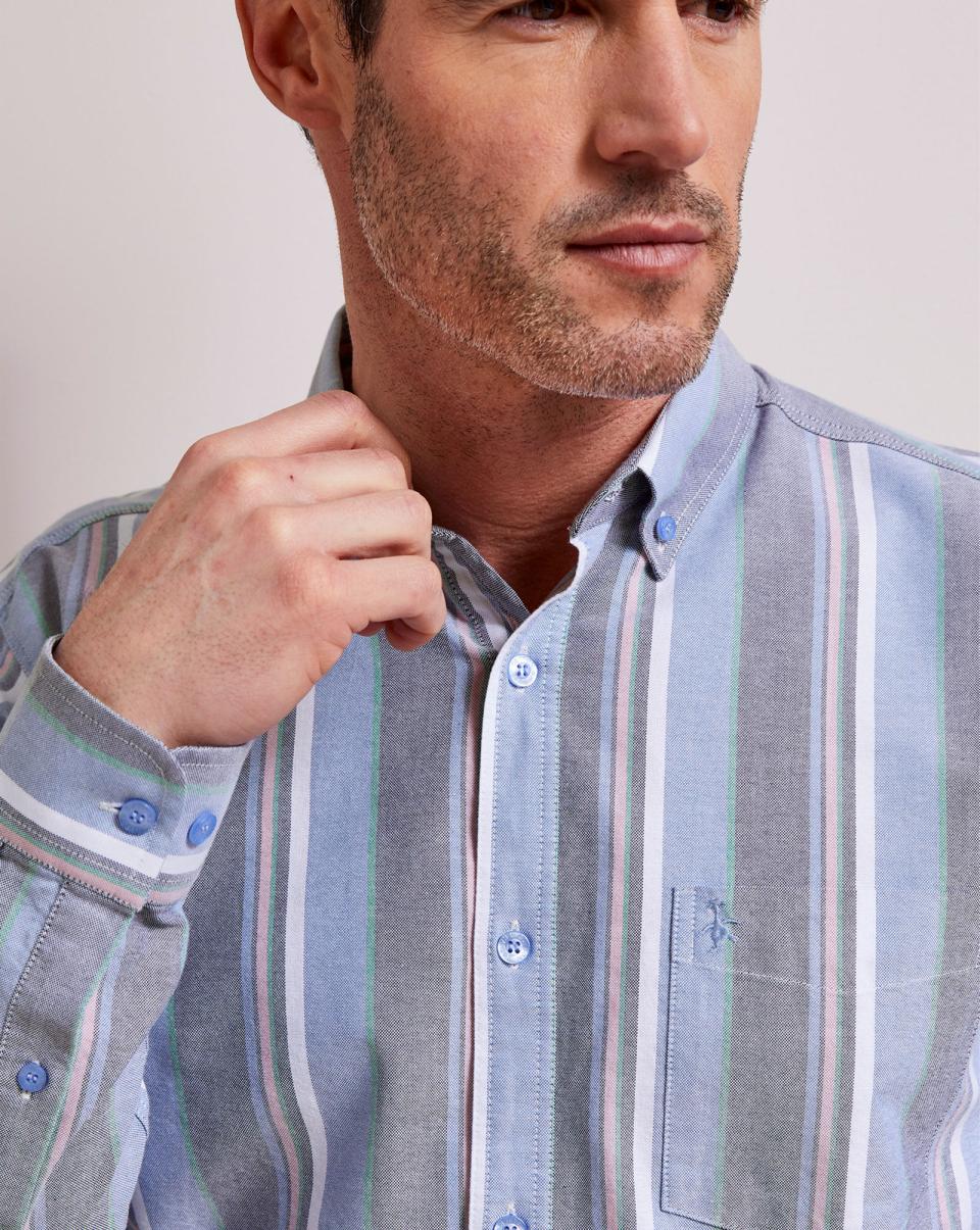 Men Long Sleeve Patterned Oxford Shirt Cornflower Cotton Traders Shirts Rebate - 1
