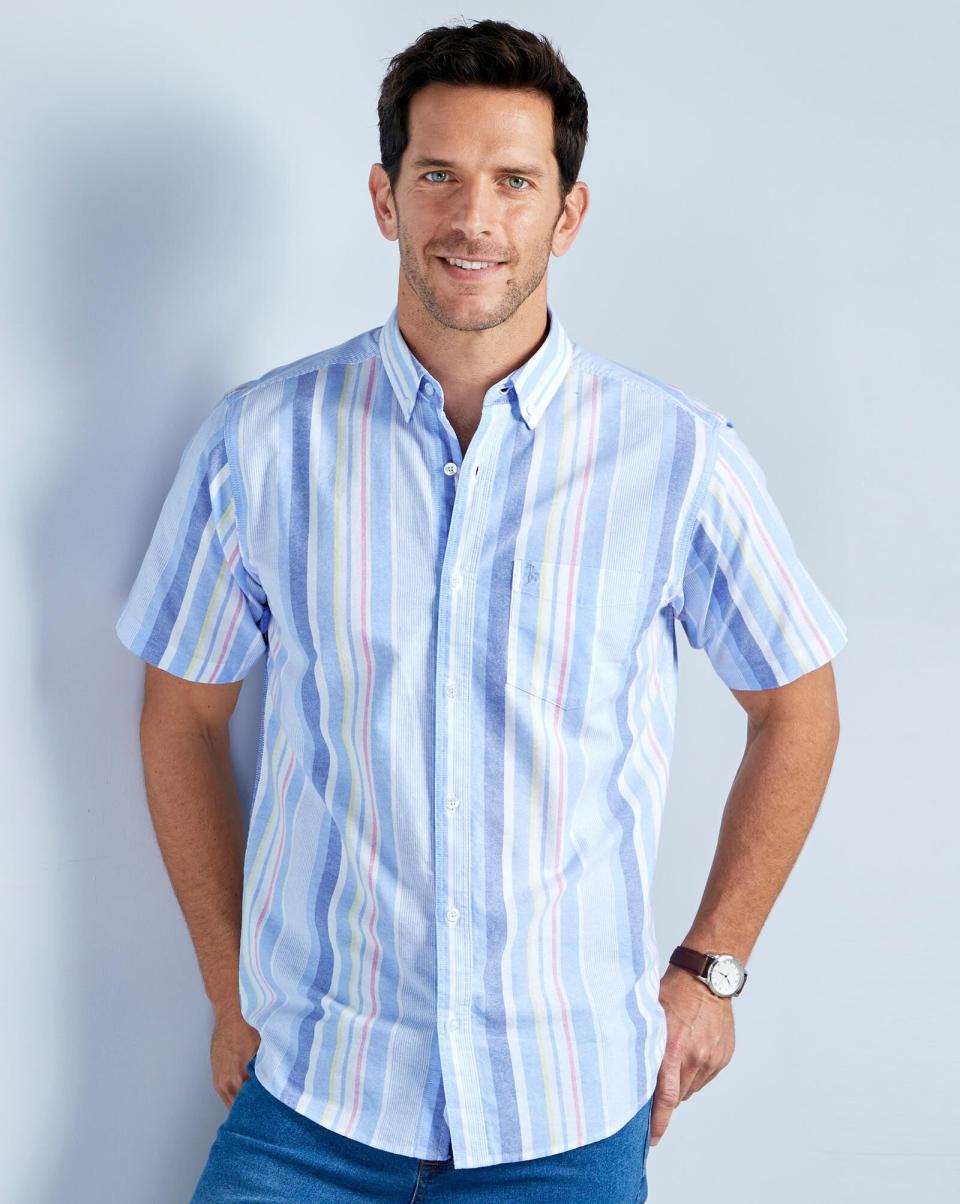 China Blue Cotton Traders Shirts Fashion Short Sleeve Patterned Oxford Shirt Men - 2