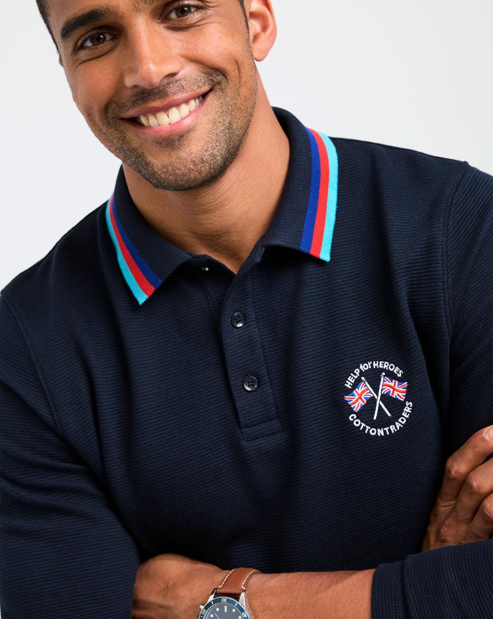 Navy Sleek Men Tops & T-Shirts Help For Heroes Long Sleeve Textured Polo Shirt Cotton Traders - 2