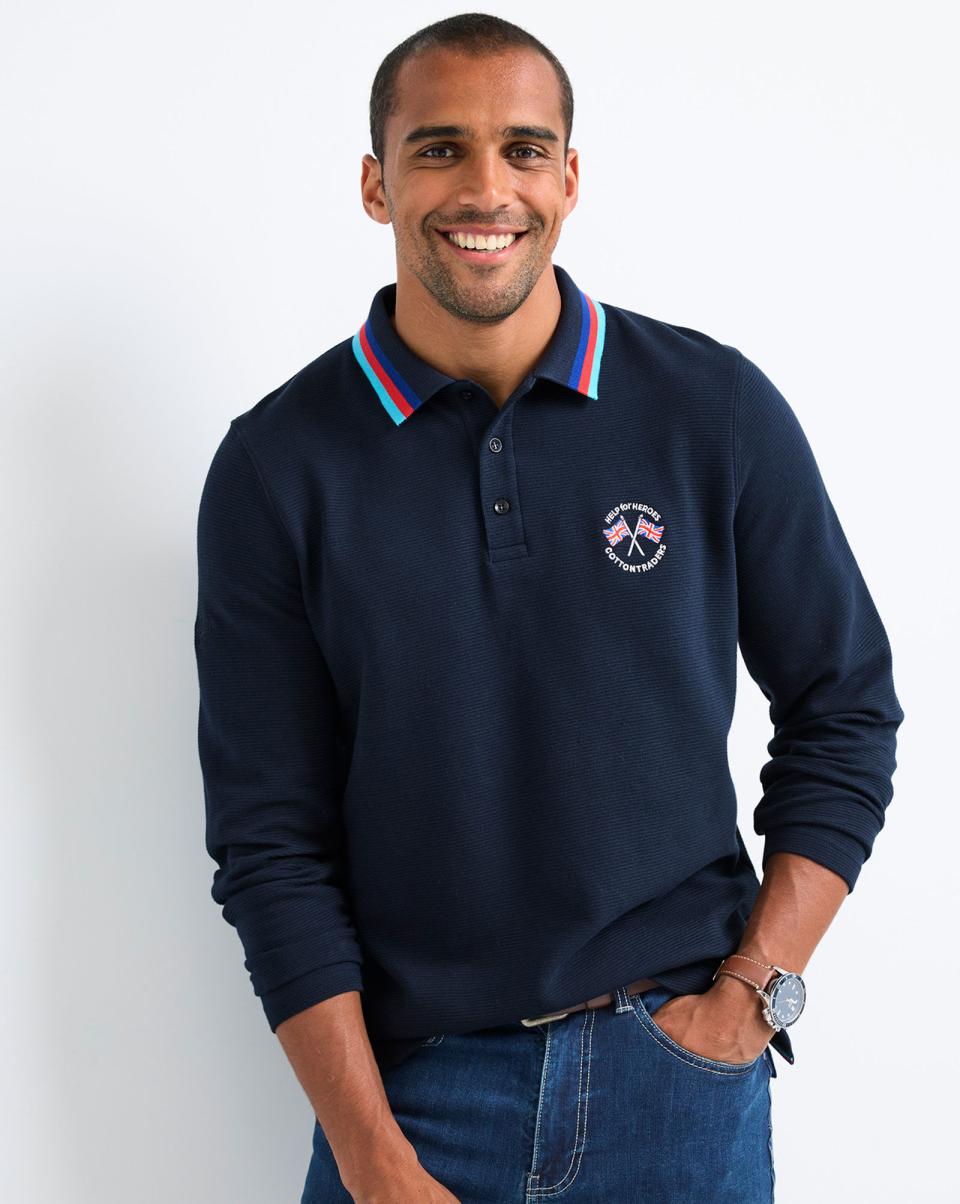 Navy Sleek Men Tops & T-Shirts Help For Heroes Long Sleeve Textured Polo Shirt Cotton Traders - 3