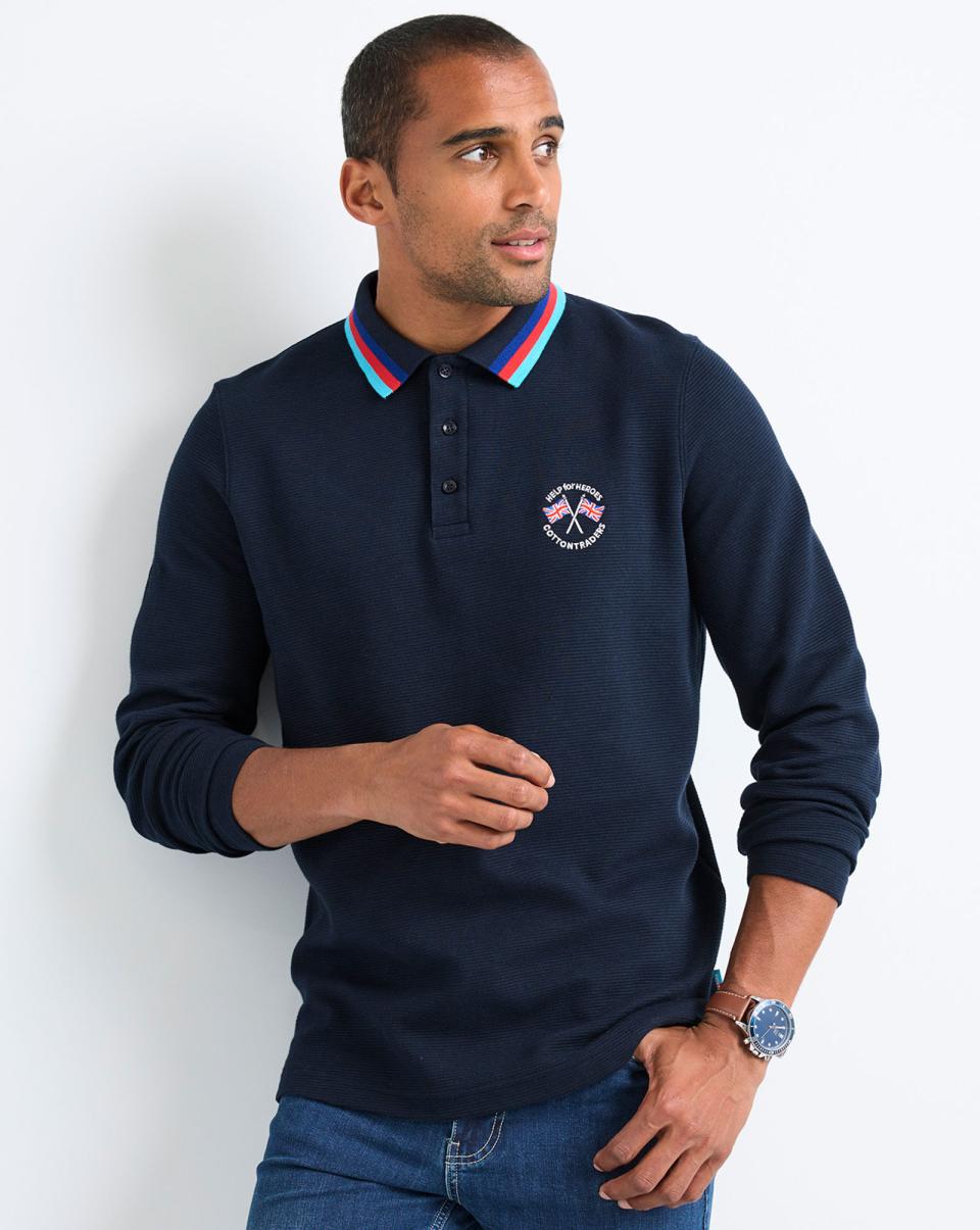 Navy Sleek Men Tops & T-Shirts Help For Heroes Long Sleeve Textured Polo Shirt Cotton Traders