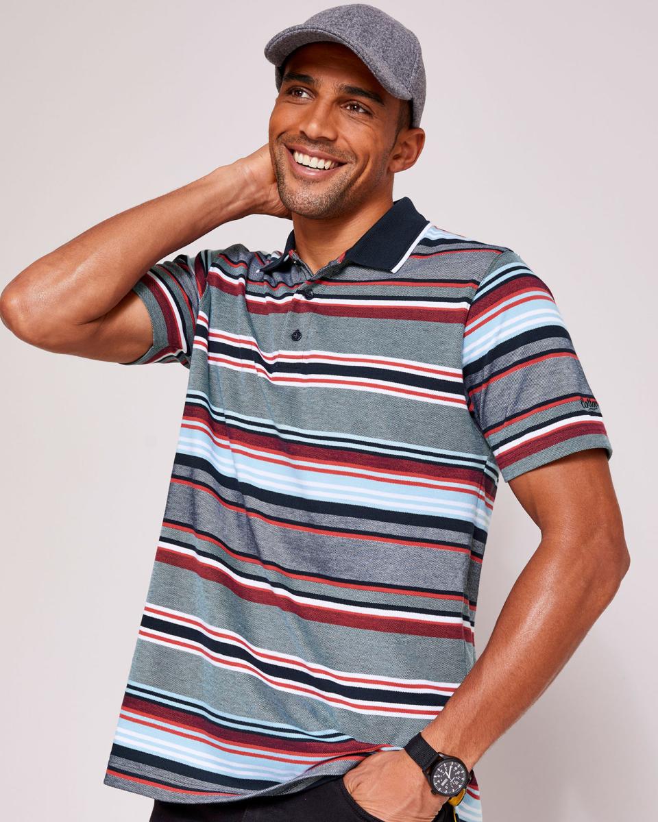 Cotton Traders Retro Navy Signature Short Sleeve Variated Stripe Polo Shirt Tops & T-Shirts Men - 1