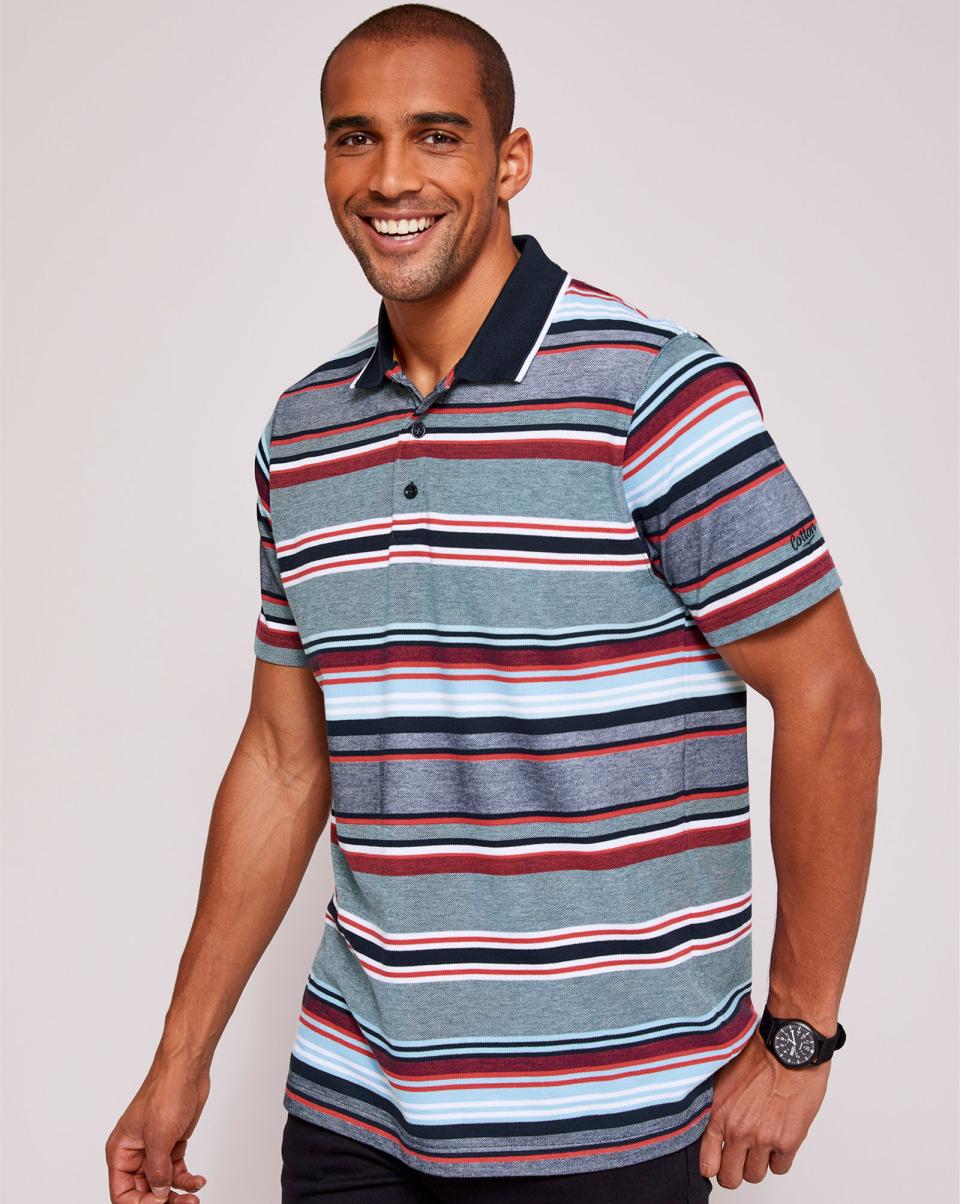 Cotton Traders Retro Navy Signature Short Sleeve Variated Stripe Polo Shirt Tops & T-Shirts Men