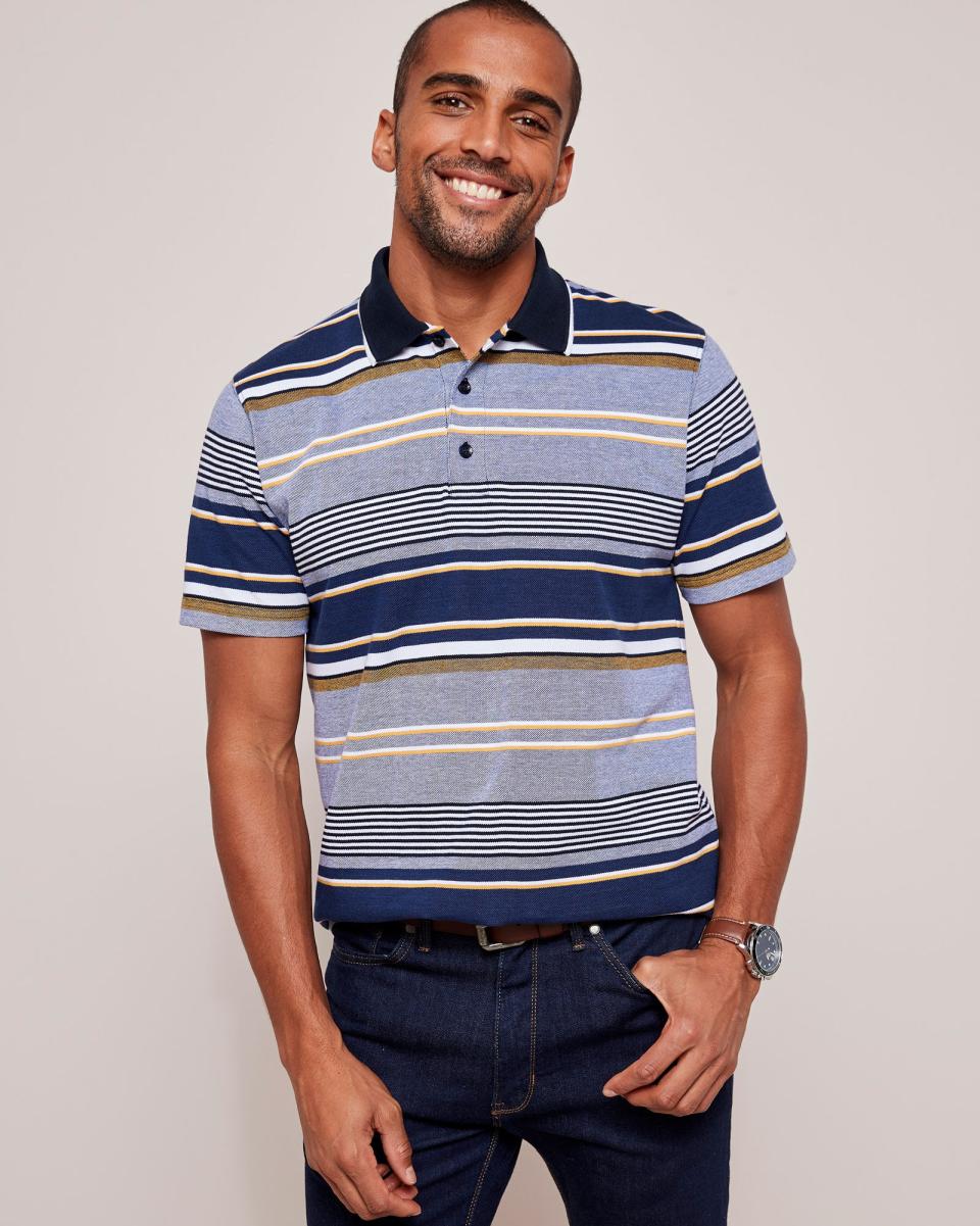 Cotton Traders Practical Signature Short Sleeve Birdseye Stripe Polo Shirt Men Tops & T-Shirts Navy