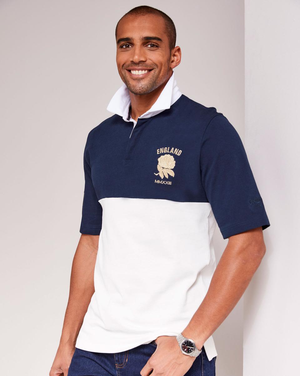 Cotton Traders Rugby Men England Classic Short Sleeve Panelled Rugby Shirt Manifest Navy